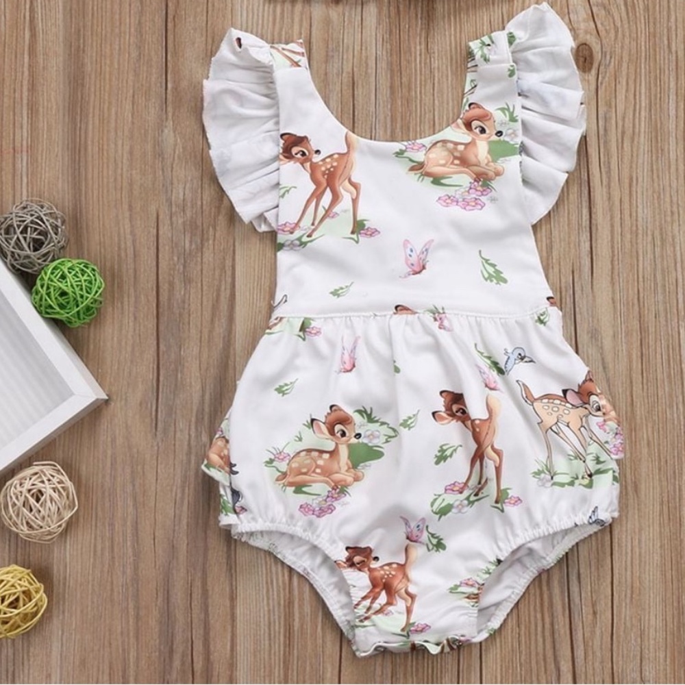 6 To 12 Months Baby Infant Girl Bambie Deer Ruffle Sleeve Sunsuit Romper Outfit